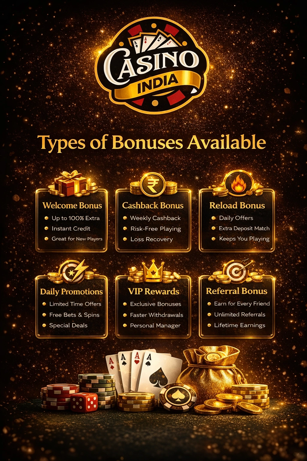 Types of Casino Bonuses in India – Welcome Bonus Cashback Reload VIP Rewards