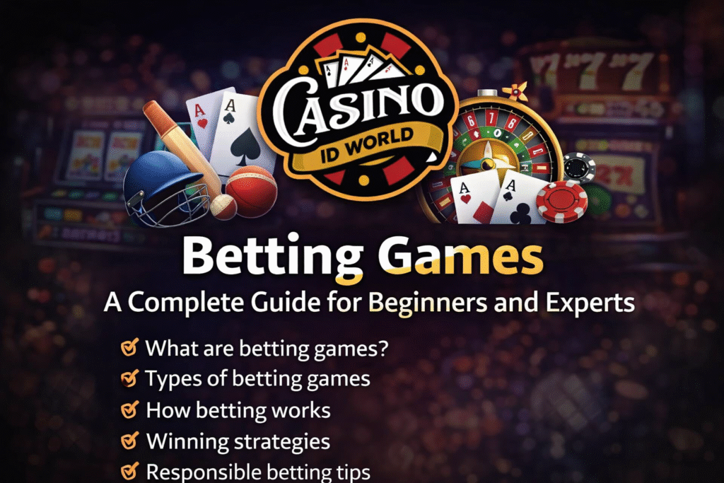 Betting Games Guide with Casino ID World logo showing sports betting, casino games, and card games