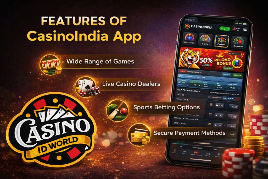 Features of CasinoIndia App showing live casino games, sports betting, and secure payment options