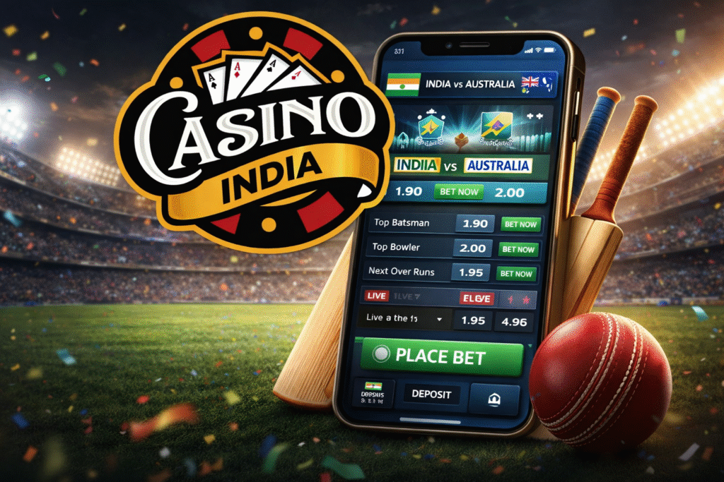 Cricket betting app features with Casino India logo showing live betting, secure transactions, and bonuses