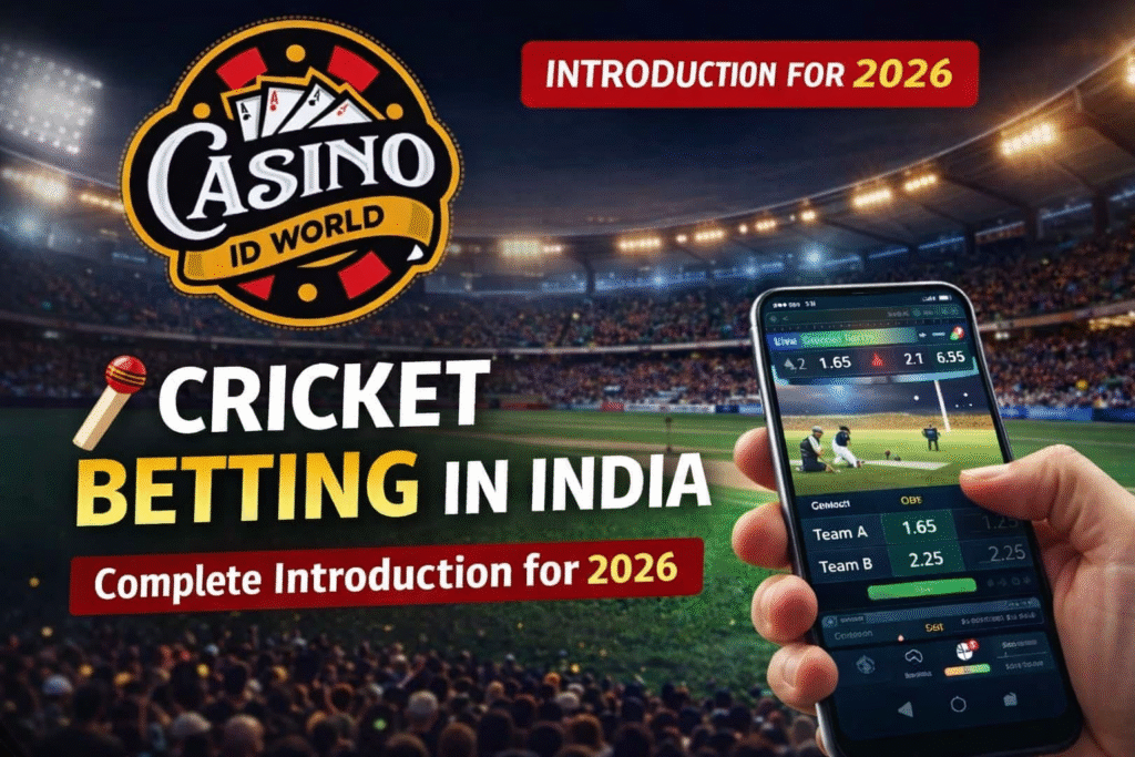 Cricket betting in India 2026 promotional banner with Casino ID World logo, live betting odds on mobile, and IPL stadium background