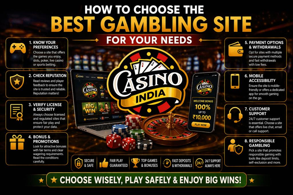 How to choose best gambling site infographic with Casino India logo