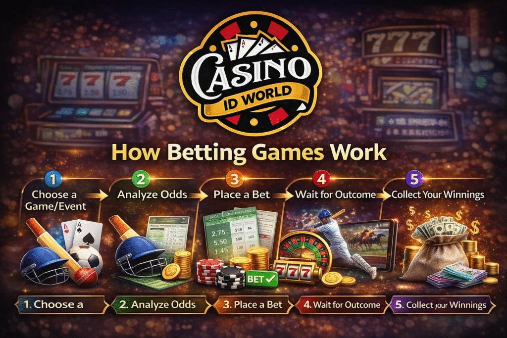 How betting games work step by step including choosing event analyzing odds placing bets and collecting winnings with Casino ID World logo