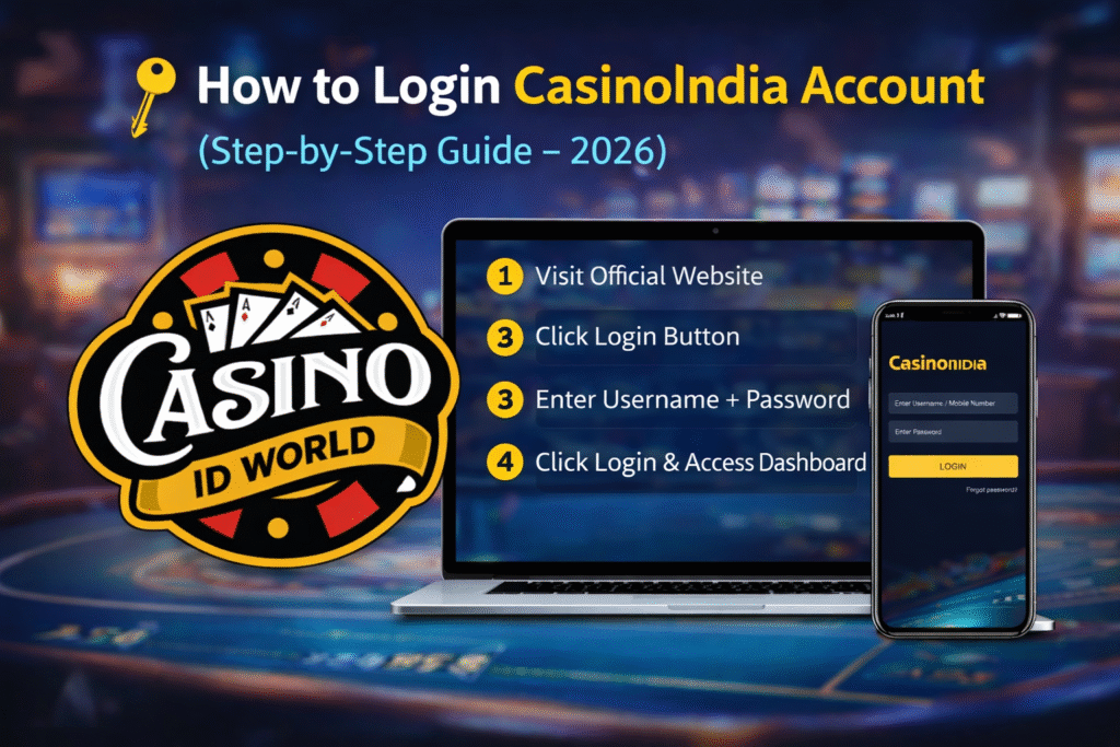 Step by step CasinoIndia login process with dashboard and mobile login screen