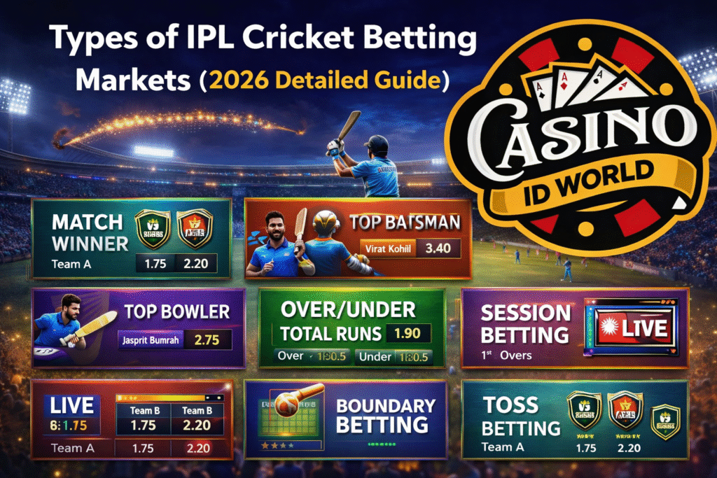 Types of IPL Cricket Betting Markets 2026 with Casino ID World logo showing match winner, top batsman, live betting and odds