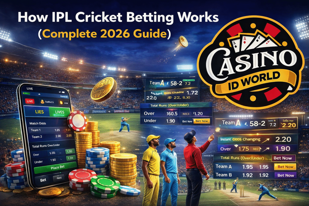 How IPL Cricket Betting Works 2026 with Casino ID World logo, live odds, mobile betting app and cricket match action