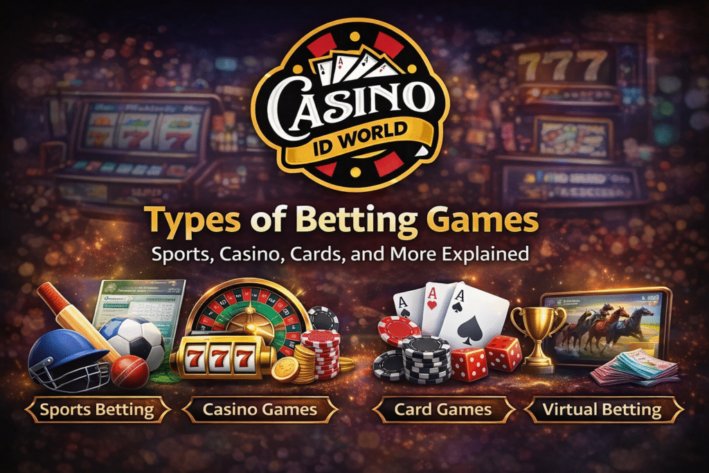 Types of betting games including sports betting, casino games, card games and virtual betting with Casino ID World logo