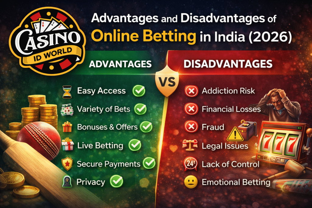 Advantages and disadvantages of online betting in India 2026 with Casino ID World logo, cricket betting, casino chips and risk concept
