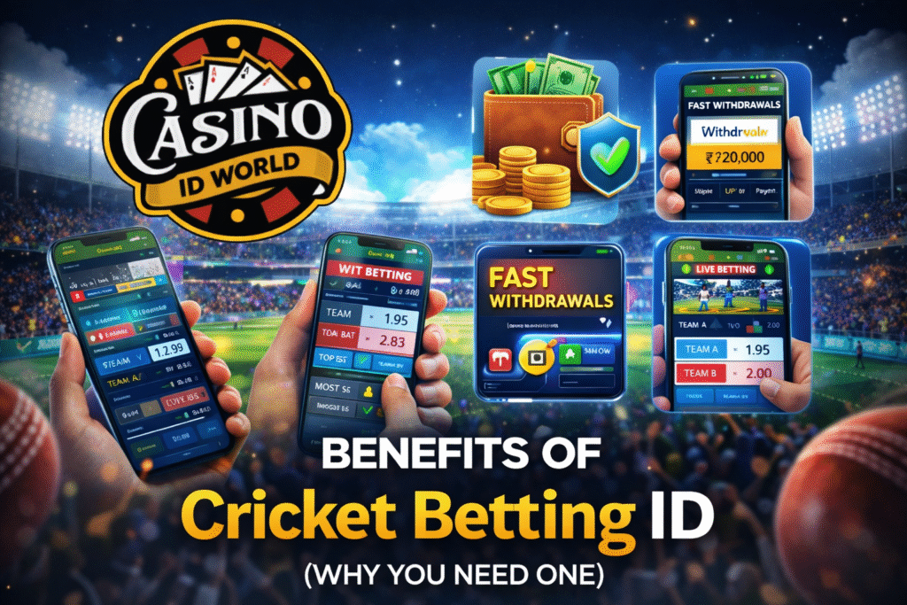 Benefits of Cricket Betting ID in India with Casino ID World logo showing live betting, fast withdrawals and secure payments