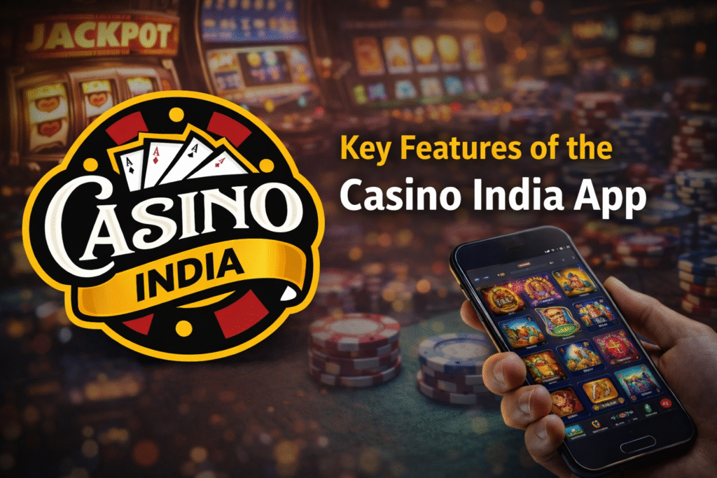 Key features of Casino India app with logo and mobile casino games display