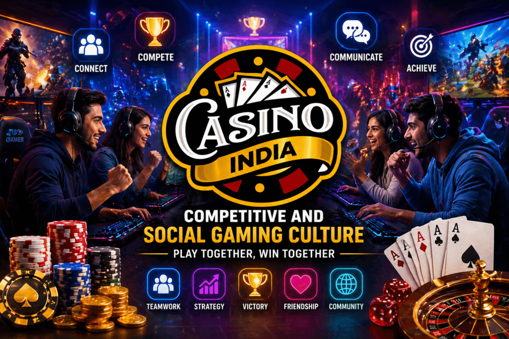 Competitive and social gaming culture with Casino India logo and esports players