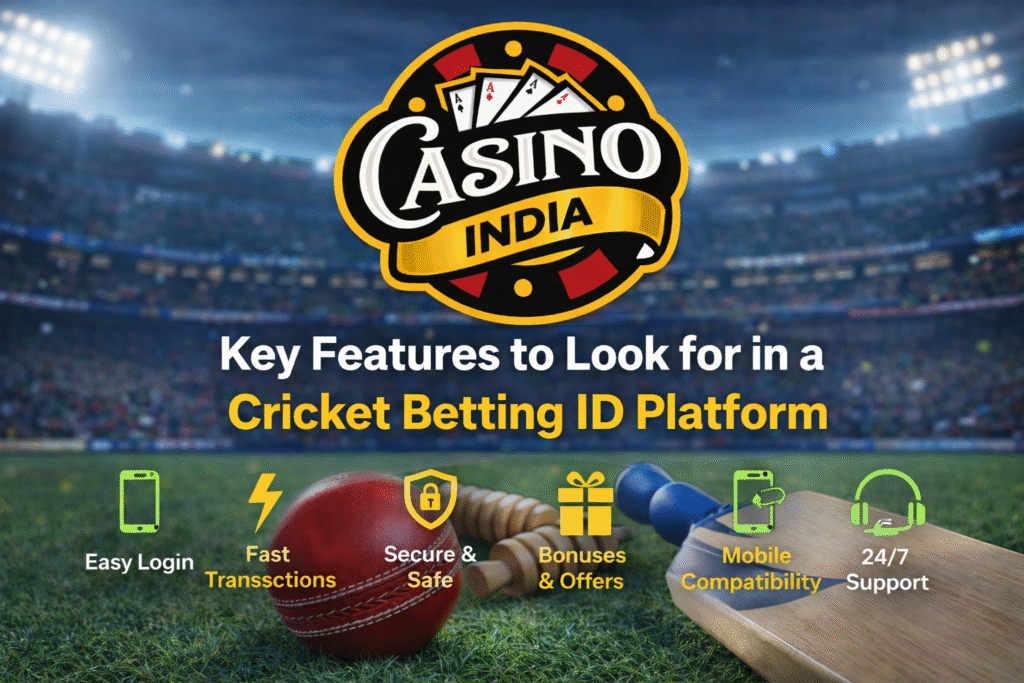 Key features of cricket betting ID platform with Casino India logo secure fast betting interface and cricket stadium background