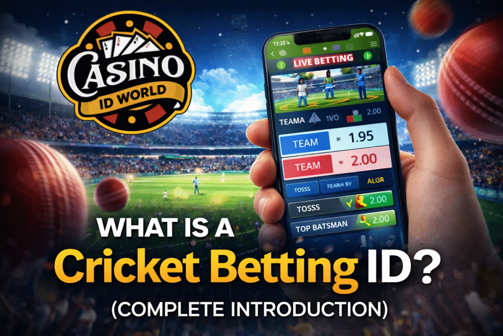 Cricket Betting ID in India 2026 with Casino ID World logo and live betting interface