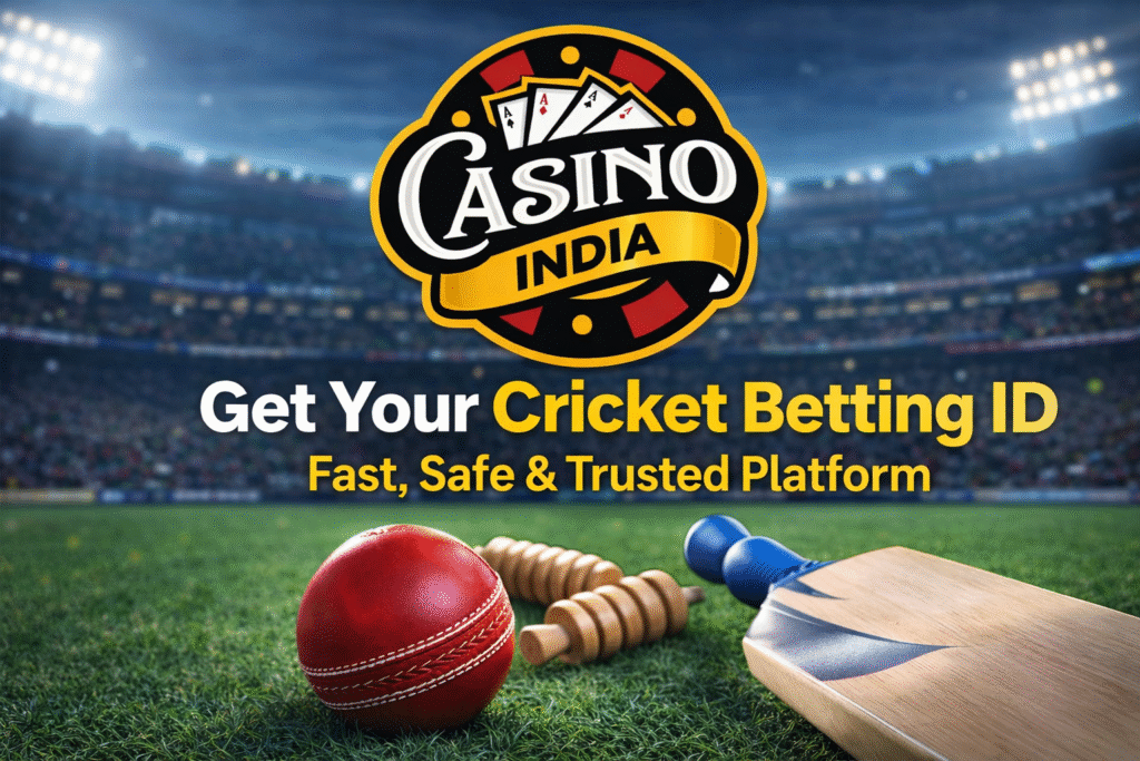 Get cricket betting ID fast safe trusted platform Casino India logo with cricket stadium background