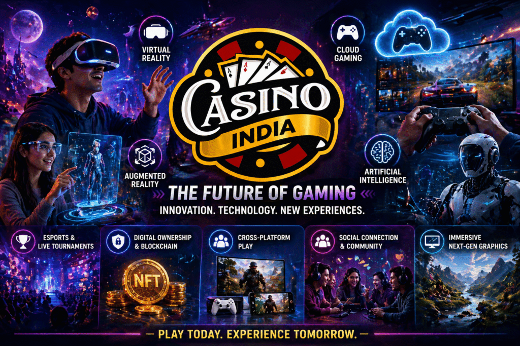 Future of gaming with VR, AI, and Casino India logo in a futuristic gaming environment