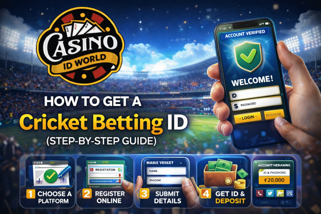 Step by step guide to get Cricket Betting ID in India with Casino ID World logo showing registration, verification and deposit process