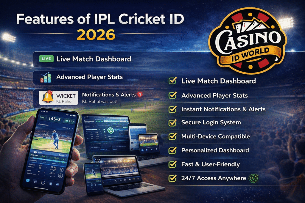 Features of IPL Cricket ID 2026 with live dashboard, player stats, and Casino ID World logo