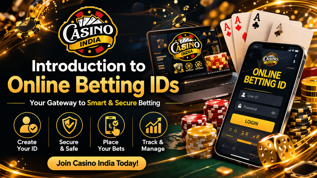 Online betting ID casino India banner with logo, chips, cards and mobile betting app