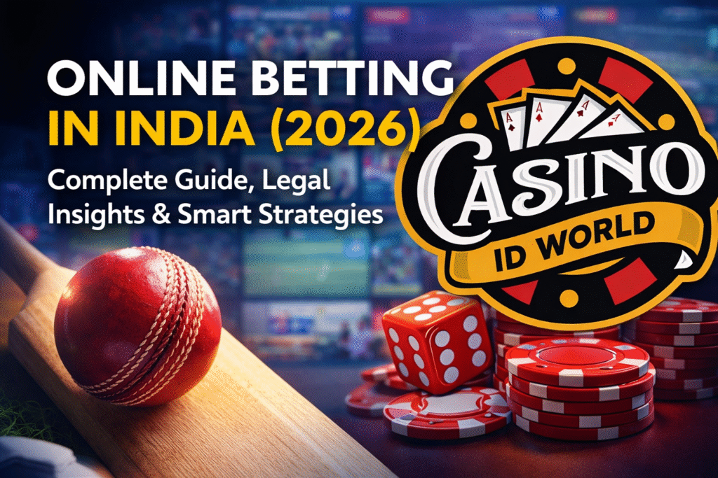 Online Betting in India 2026 with Casino ID World logo, cricket betting and casino chips