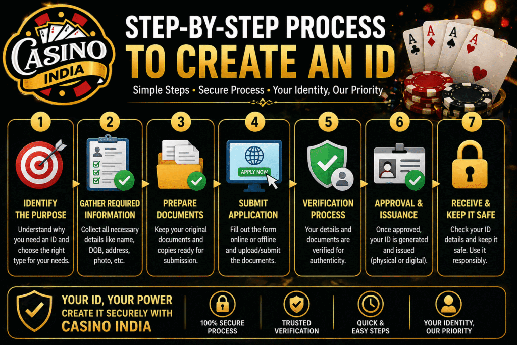 Step by step process to create an ID with Casino India logo including application verification and approval steps