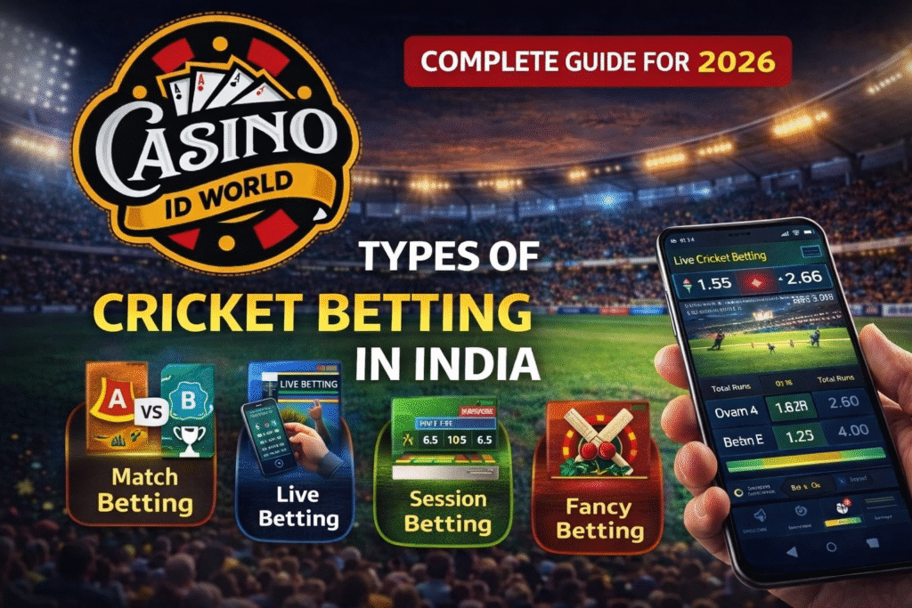 Types of cricket betting in India 2026 including match betting, live betting, session betting, and fancy bets with Casino ID World logo and IPL stadium background
