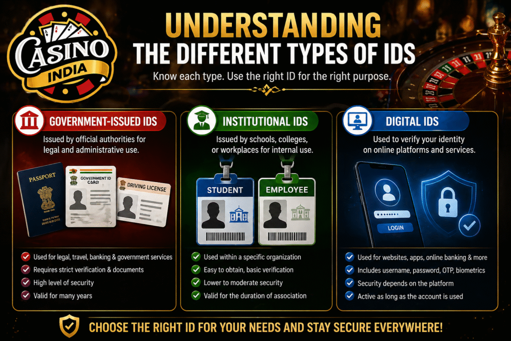 Different types of ID explained including government, institutional and digital ID with Casino India logo