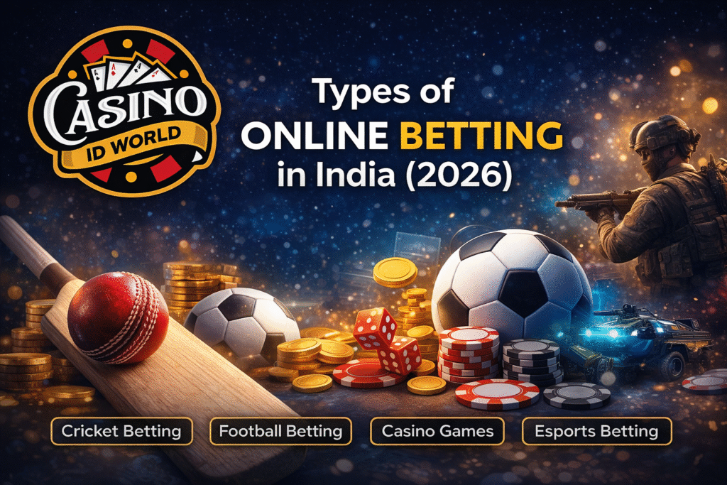 Types of Online Betting in India 2026 including cricket betting, football betting, live casino and esports with Casino ID World logo
