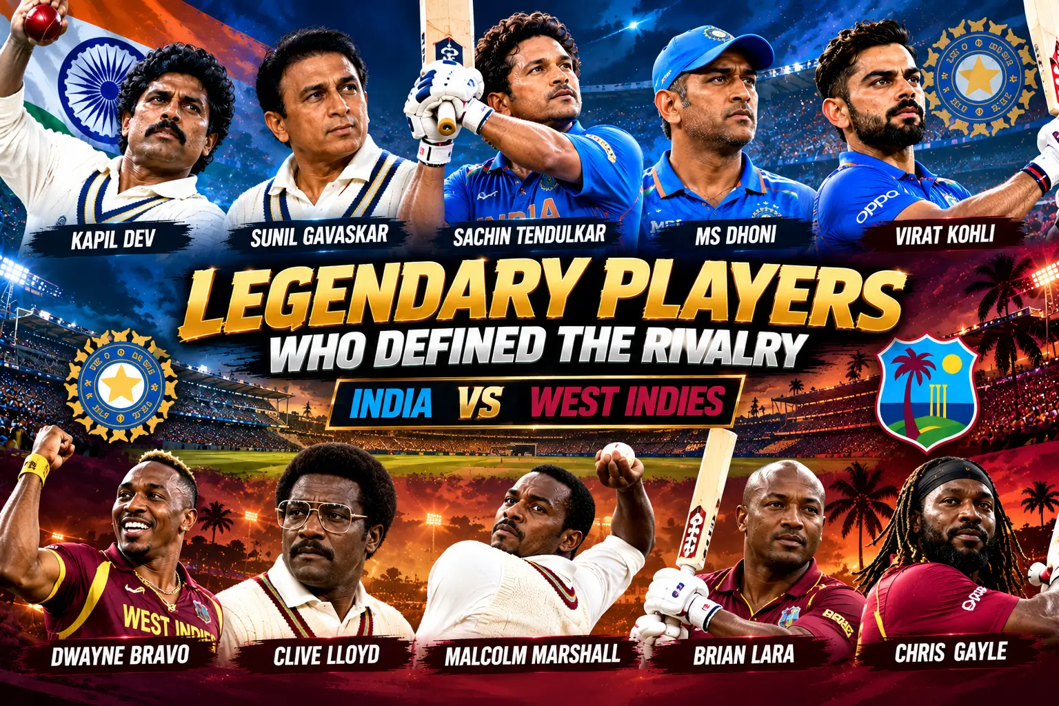 Legendary India and West Indies cricketers who defined the historic rivalry.