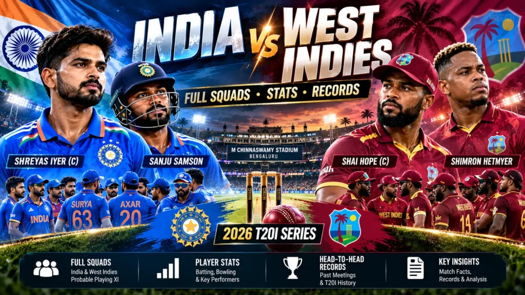 India vs West Indies 2026 squads, players, stats and records.
